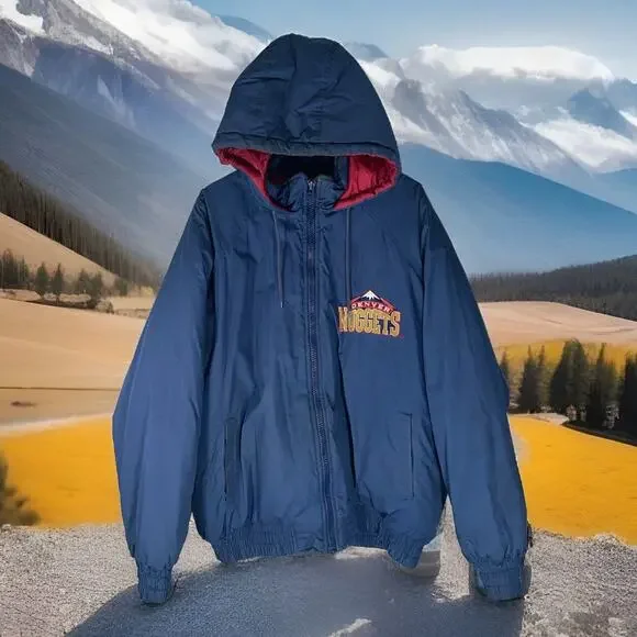 VTG 90s Fans Gear Denver Nuggets Blue Hooded Full Zip Puffer Jacket XL - Picture 1 of 10